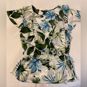Banana Republic Blue and Green Floral Wrap Blouse